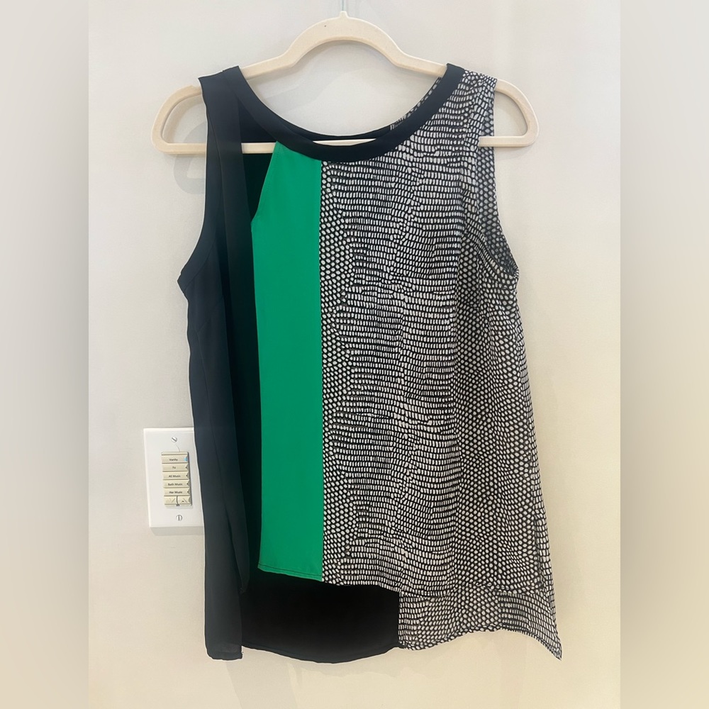 BCBG Maxazria Black, Green, and Printed Top with a Cut Out in Small